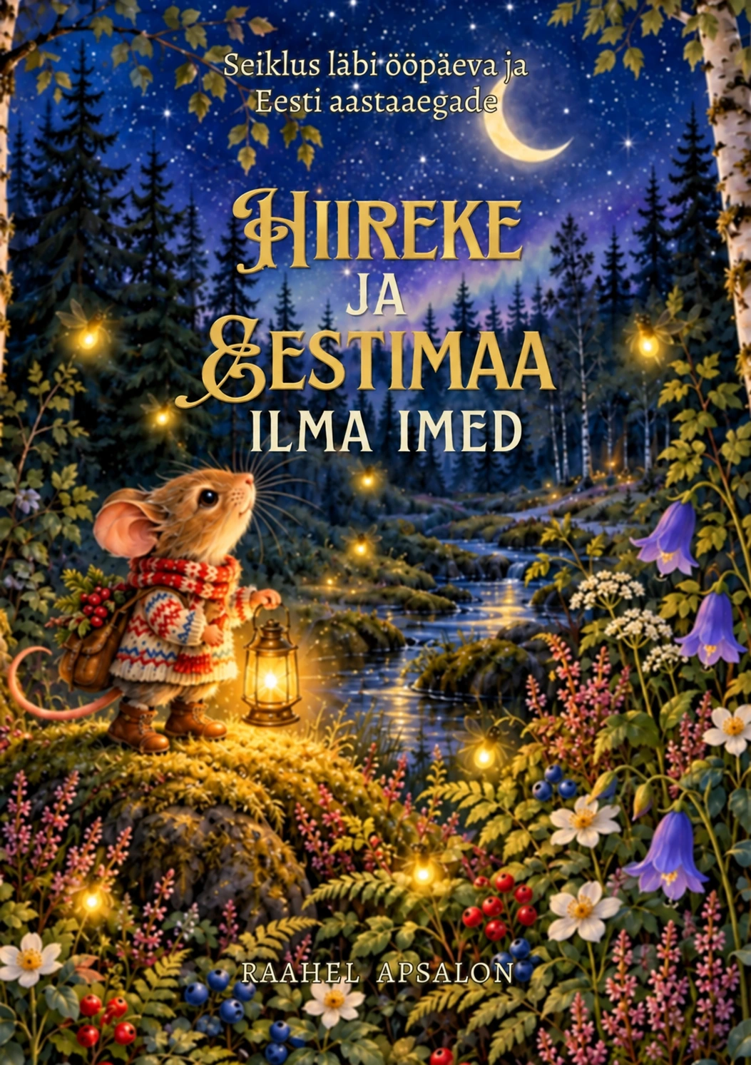 Raamatu Hiireke ja Eestimaa ilma imed kaas: laternaga hiireke tähistaeva all Eesti metsas